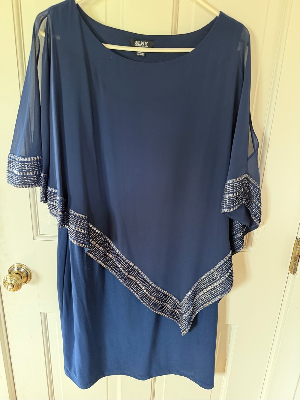 SLNY Royal Blue Overlay Dress with Beaded Trim